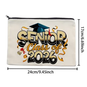 Canvas zipper pouch featuring graduation design, ideal for makeup cosmetics or stationery storage.