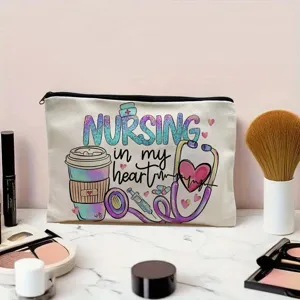 Close-up of nursing theme canvas cosmetic bag featuring heart and stethoscope print details.