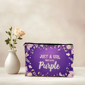 Purple floral zipper cosmetic bag large capacity portable toiletry travel makeup pouch for women