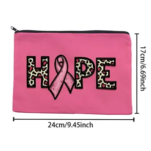 Pink canvas makeup bag pencil case with hope ribbon print portable storage pouch for women
