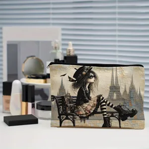 Canvas cosmetic bag with artistic girl print, waterproof makeup pouch and travel storage purse.