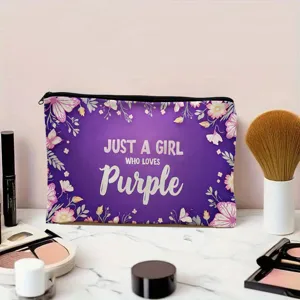 Purple floral zipper cosmetic bag, large capacity canvas pouch for makeup and daily items.