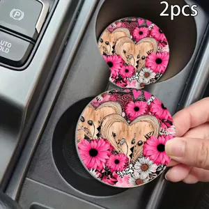 Cute heart floral car cup coasters 2pcs, non-slip rubber auto drink cup holder insert.
