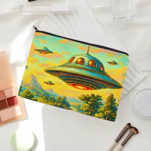 Retro UFO print zipper cosmetic bag, portable canvas makeup pouch and daily travel storage case.