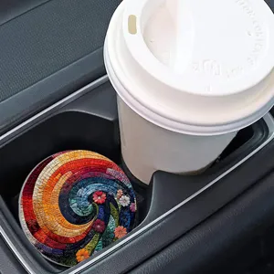 Colorful mosaic car cup coaster, silicone anti-slip mat for automotive center console drinks.