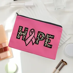 Pink canvas makeup bag with leopard HOPE print and ribbon design for daily use storage.