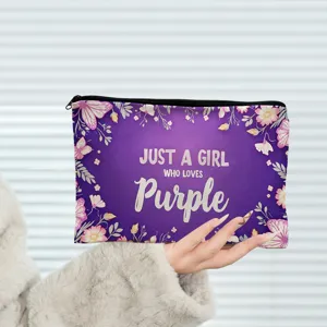 Purple floral zipper makeup bag large capacity travel toiletry pouch for women and girls