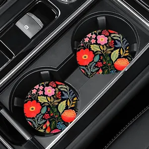 Round car cup coaster anti-slip silicone mat with vintage floral pattern for auto interior