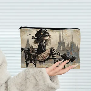 Gothic art style cosmetic zipper pouch, cotton linen makeup storage bag detail shot view.