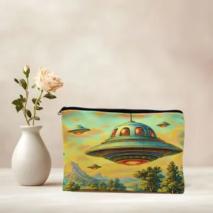 Retro UFO print cosmetic bag, canvas travel makeup pouch with zipper for daily storage.