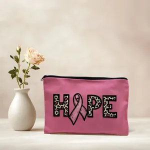 Pink canvas makeup bag with cute leopard HOPE letter print, portable zipper pencil pouch storage.