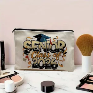 Detailed shot of 2026 graduation canvas cosmetic bag with zipper and custom print.