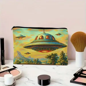 Retro UFO print cosmetic bag stylish canvas makeup pouch portable travel storage organizer for daily use