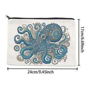Canvas cosmetic bag with blue octopus print, handy zipper storage pouch, 24x17cm size.