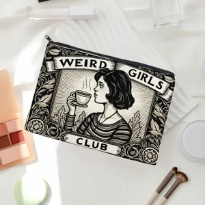 Retro style canvas zipper pouch, vintage illustration large capacity makeup bag and toiletry organizer.