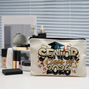 Canvas makeup bag with graduation print, perfect for travel, cosmetics, and pens storage.