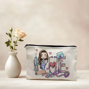 Portable canvas makeup pouch with cute nurse cartoon design, ideal for daily storage and travel use.