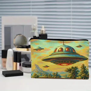 Retro UFO print cosmetic bag, convenient zipper storage pouch for travel and daily essentials.