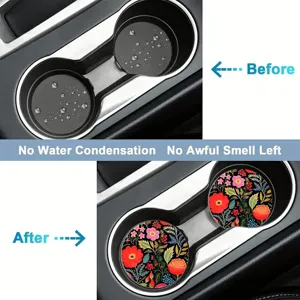 Non-slip silicone car cup holder coaster featuring floral design, waterproof and odor resistant.