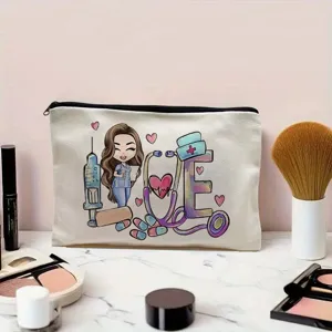 Portable canvas cosmetic bag with cute nurse cartoon print, ideal for travel and daily storage use.