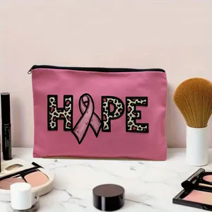 Pink canvas makeup bag pencil case with leopard HOPE print portable cute storage pouch
