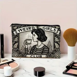 Detailed view of large capacity canvas zipper cosmetic pouch with vintage illustration design.