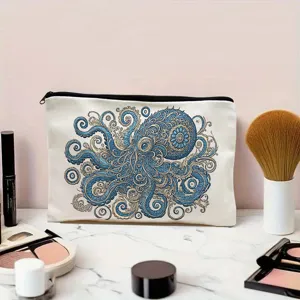 Detailed view of the blue octopus canvas makeup bag showing its neat stitching and zipper.