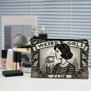 Retro graphic zipper makeup pouch detail showing artistic illustration design and texture.