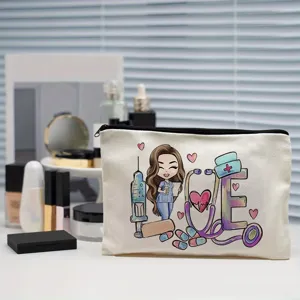 Portable canvas cosmetic bag with cute nurse cartoon print, ideal for travel makeup storage.