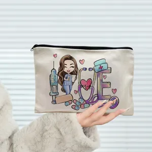 Detailed close-up view of a nurse cartoon canvas cosmetic pouch featuring a cute medical design.