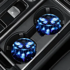 Car cup holder coasters with blue butterfly dreamcatcher design non slip silicone mat 2pcs