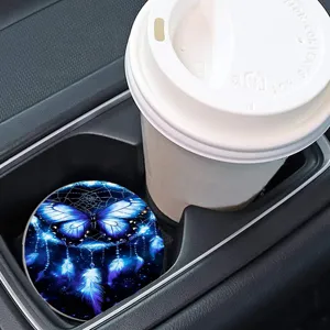 Round car cup coaster featuring a blue butterfly dreamcatcher design, anti-slip and heat resistant.