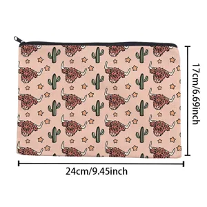 Cute highland cow cactus pattern cosmetic bag linen storage pouch with zipper 24x17cm size
