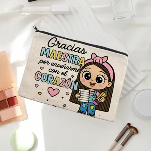 Detail view of canvas makeup bag featuring teacher appreciation cartoon design with zipper.
