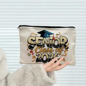 Canvas cosmetic bag detail showing graduation print, zipper closure, ideal for daily use.