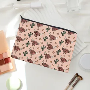 Highland cow and cactus print cosmetic bag, cute makeup pouch for travel and daily use.