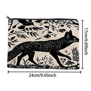 Black and white fox canvas cosmetic bag detail view showing clear dimensions and pouch design.