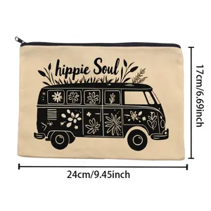 Canvas makeup bag with vintage hippie van print, portable zipper pouch, 24x17cm size