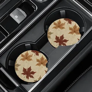 Round car cup coasters with autumn maple leaf pattern, silicone anti-slip heat insulation mats.