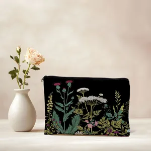 Maulve canvas τσάντα με φερμουάρ και βοτανική εκτύπωση αγριολούλουδων, φορητή θήκη.