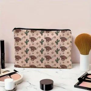 Cute Highland Cow Cactus Print Makeup Bag Waterproof Linen Travel Toiletry Storage Pouch