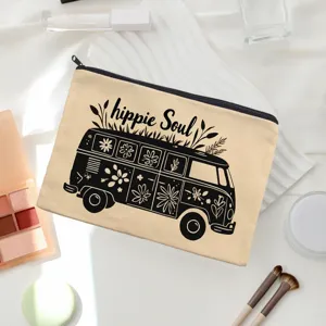Canvas cosmetic bag retro hippie van print portable makeup pouch pencil case storage bag.
