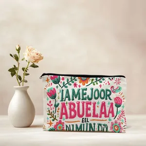 Canvas cosmetic pouch detail showing colorful floral print and custom typography design.