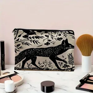 Canvas cosmetic bag with black fox silhouette print, large capacity zipper travel pouch.