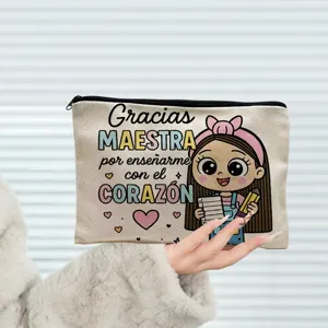 Canvas makeup pouch detail view with teacher appreciation cartoon print and secure zipper closure.