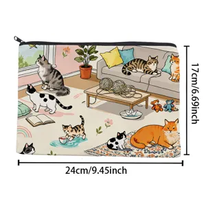 Cute retro cat printed pencil case cosmetic storage bag large capacity canvas coin purse for girls