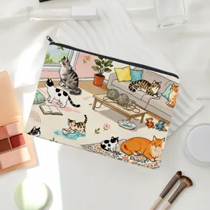 Cute cartoon cat print canvas cosmetic pouch multi-purpose zipper storage bag for women