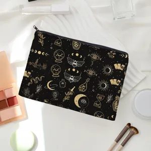 Celestial black zipper pouch with gold mystical print, perfect makeup bag or cute pencil case.