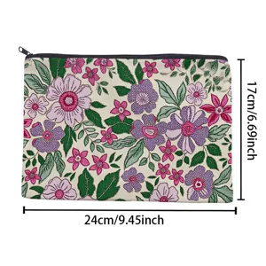 Botanical floral canvas cosmetic bag detail, portable zipper makeup pouch and toiletry storage.