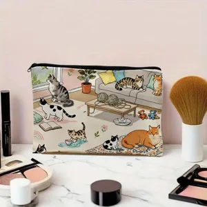 Cute cat print canvas cosmetic bag zipper pouch for women girls travel makeup organizer